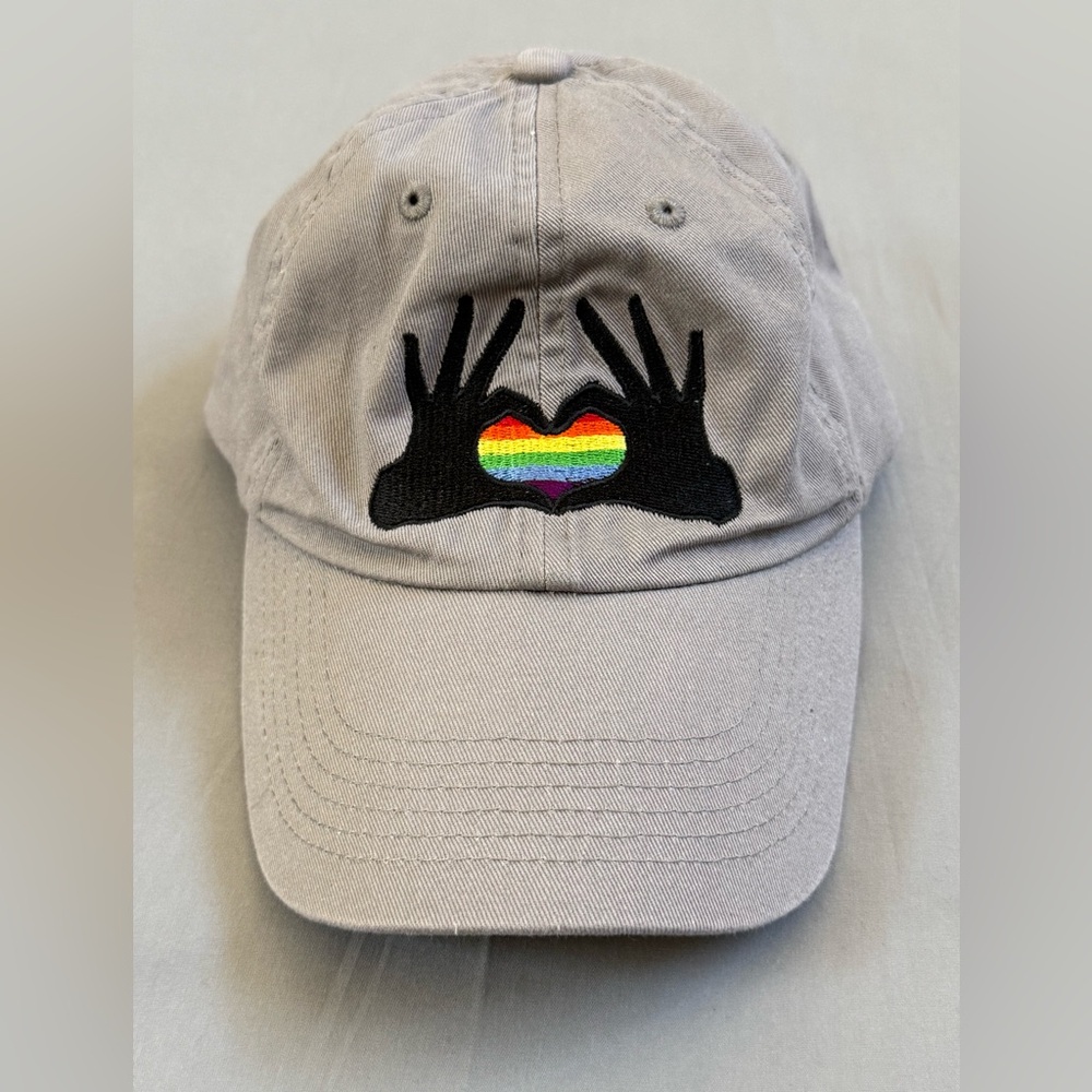 Rainbow Heart Hands Embroidered Baseball Cap Hat – Adjustable Strap – Light Grey
